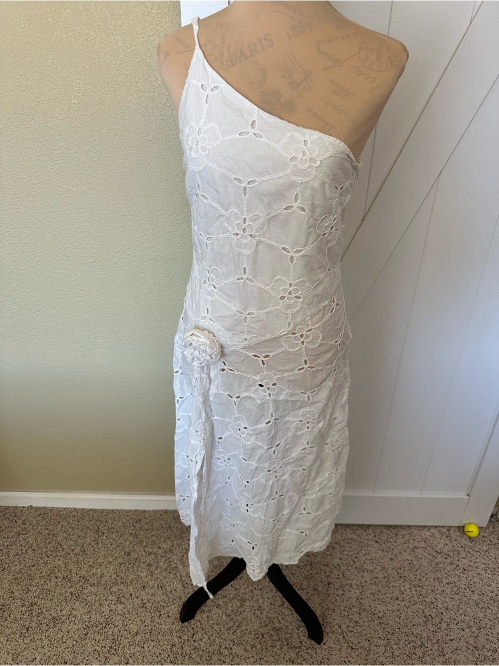 White One-Shoulder Eyelet Midi Dress with Waist Tie